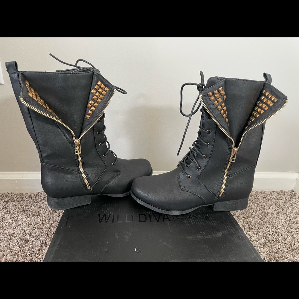 New Black Studded Combat Boots. Size 7.5.